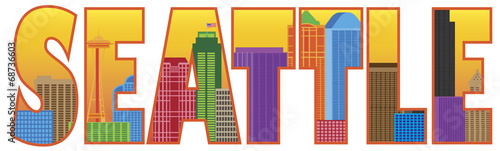 Seattle City Skyline Text Outline Color Vector Illustration