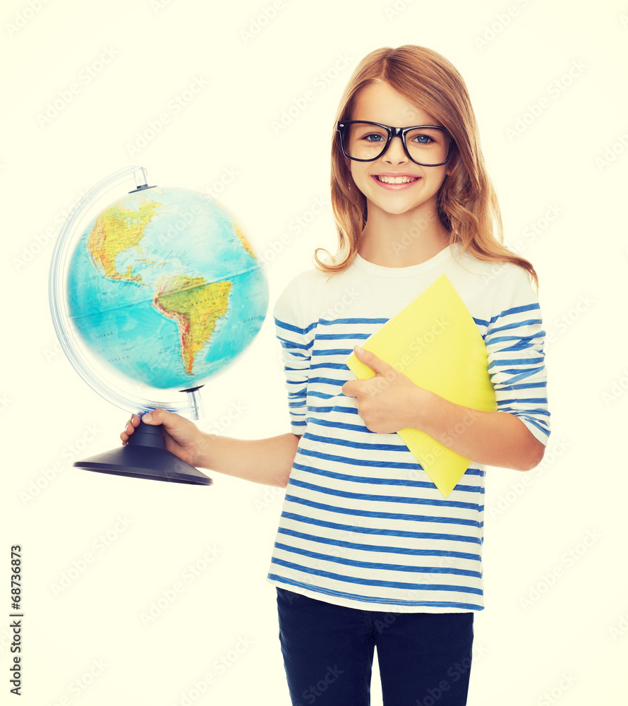 smiling child with globe, notebook and eyeglasses smiling child with globe, notebook and eyeglasses