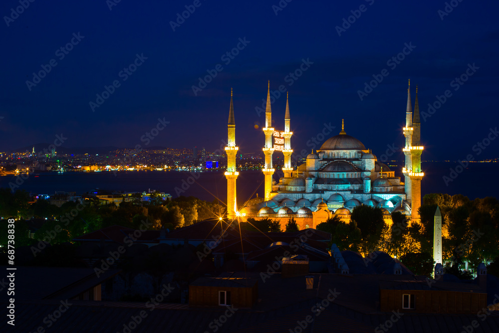 Blue Mosque at night in Istanbul, Turkey, Sultanahmet district