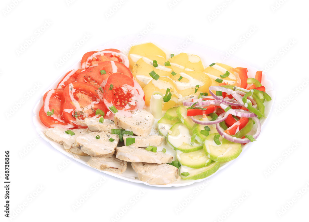 Chicken salad with potatoes and zucchini.