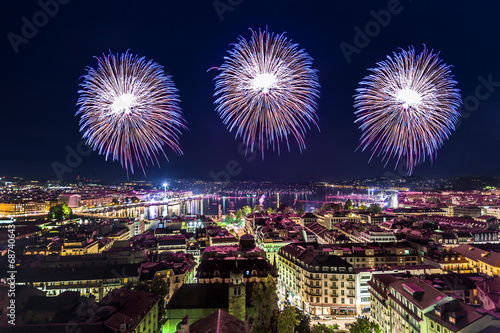 Panoramic view of the city of Geneva at night,, fireworks for th