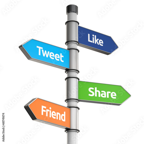 social media signpost for direction (like, tweet, friend, share,