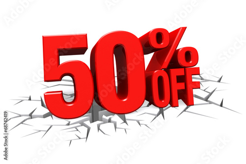 3D render red text 50 percent off on white crack hole floor.