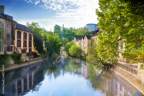 Houses reflecting in Alzette river, Luxembourg