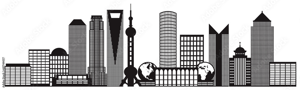 Fototapeta premium Shanghai City Skyline Black and White Outline Illustration