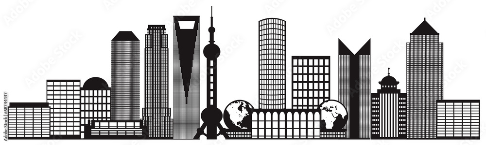Obraz premium Shanghai City Skyline Black and White Outline Illustration