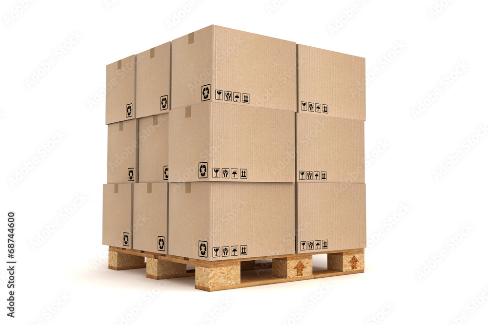 Cardboard boxes on pallet. - obrazy, fototapety, plakaty 