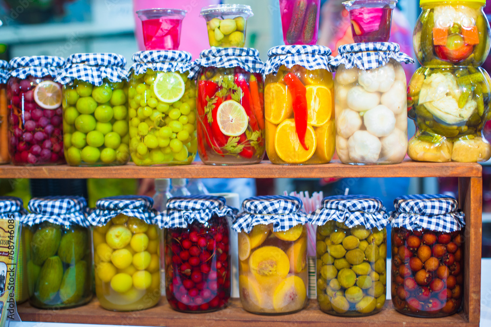 Mediterranean pickled vegetables and fruits on the open market