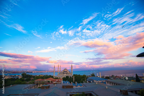 Blue Mosque at sunset in Istanbul, Turkey, Sultanahmet district photo