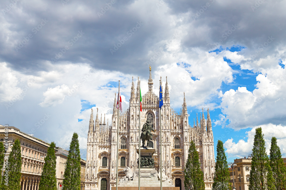 The dome Cathedral facade with statue of Vittorio Emanuele II. The dome Cathedral facade with statue of Vittorio Emanuele II.