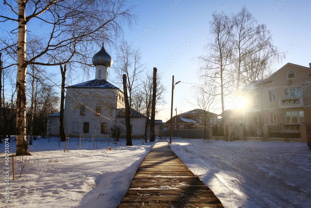 morning winter snow church Russia