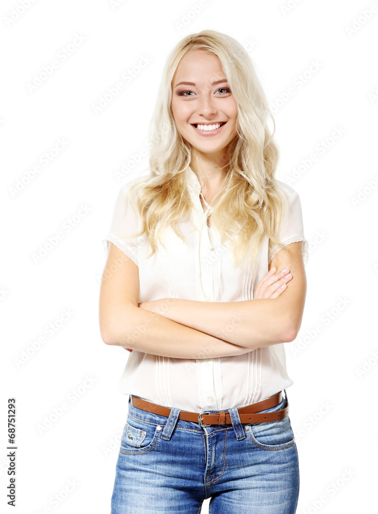 Beautiful blond young woman looking at camera and happy smiling. Beautiful blond young woman looking at camera and happy smiling.