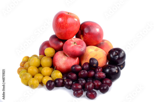 peaches, apricots and plums on a white background