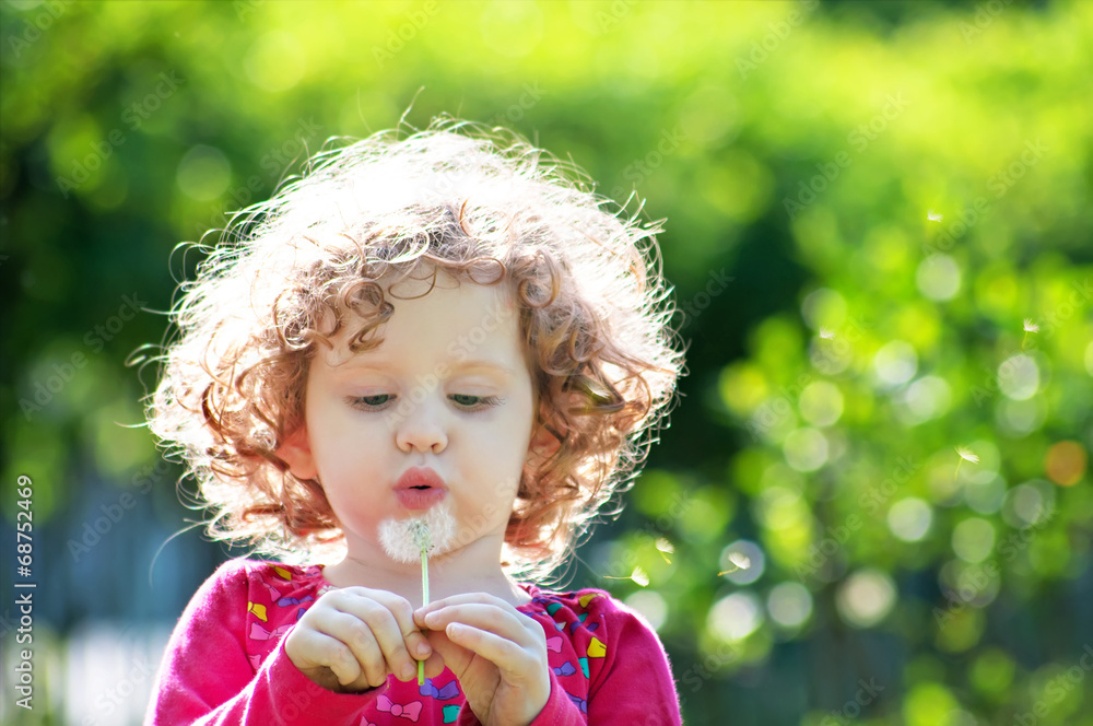 Beautiful little curly girl blowing dandelion Beautiful little curly girl blowing dandelion