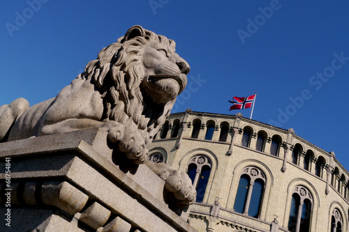 famous lion outside norwegian parliament in oslo