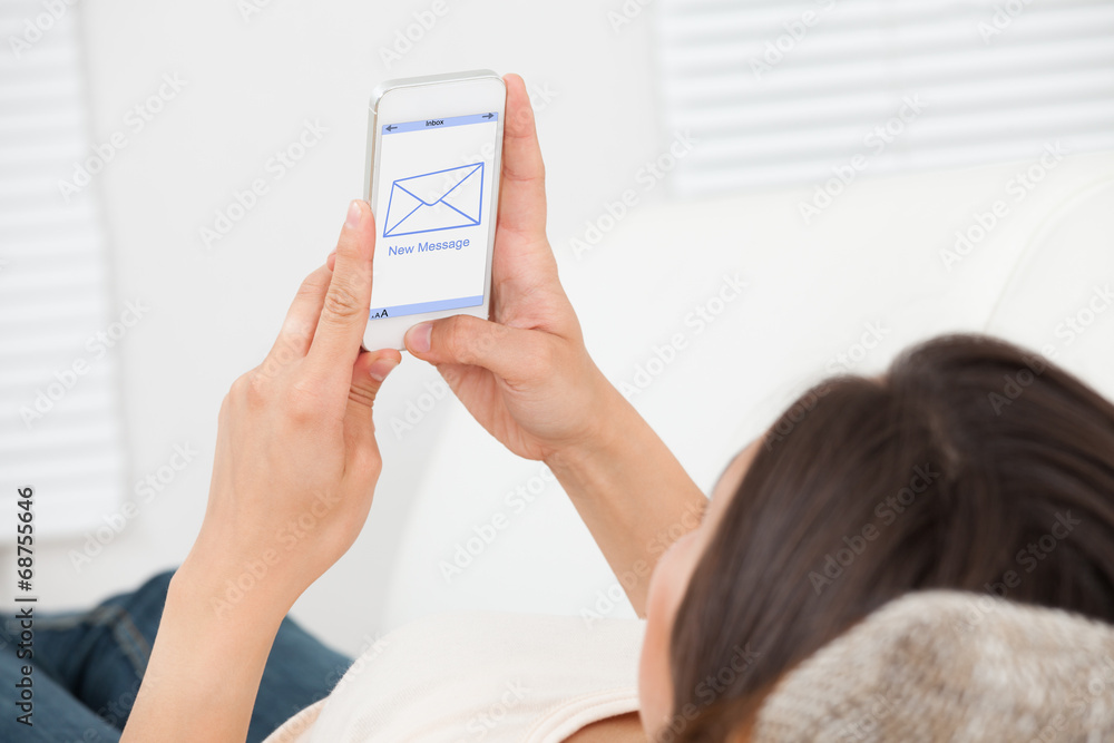 Woman Messaging On Smartphone In House Woman Messaging On Smartphone In House