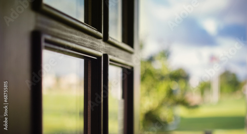 Close-up picture of balcony door, summer outdoor