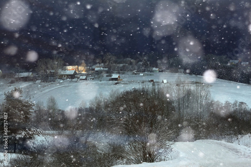 Night Snow Village Christmas snowfall © kichigin19