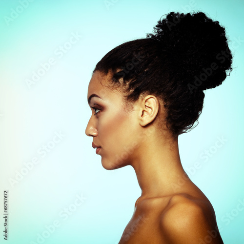 Beauty portrait of young fresh fashion woman in profile,