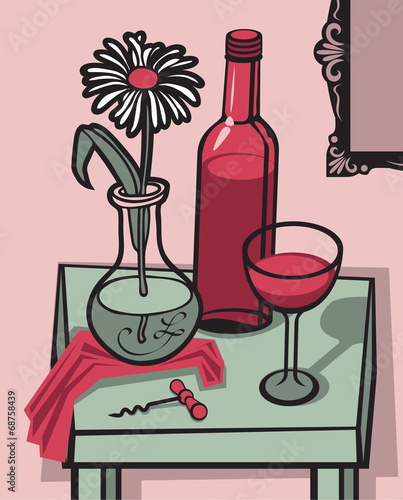 still life with a glass of wine and a flower on table