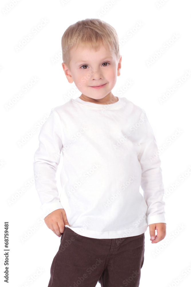 Portrait of small smiling baby in white blouse over white backgr Portrait of small smiling baby in white blouse over white backgr