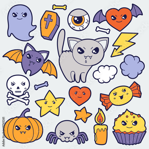 Set of halloween kawaii cute doodles and objects.