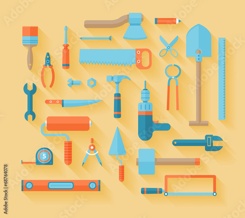 Flat working tools icon set.
