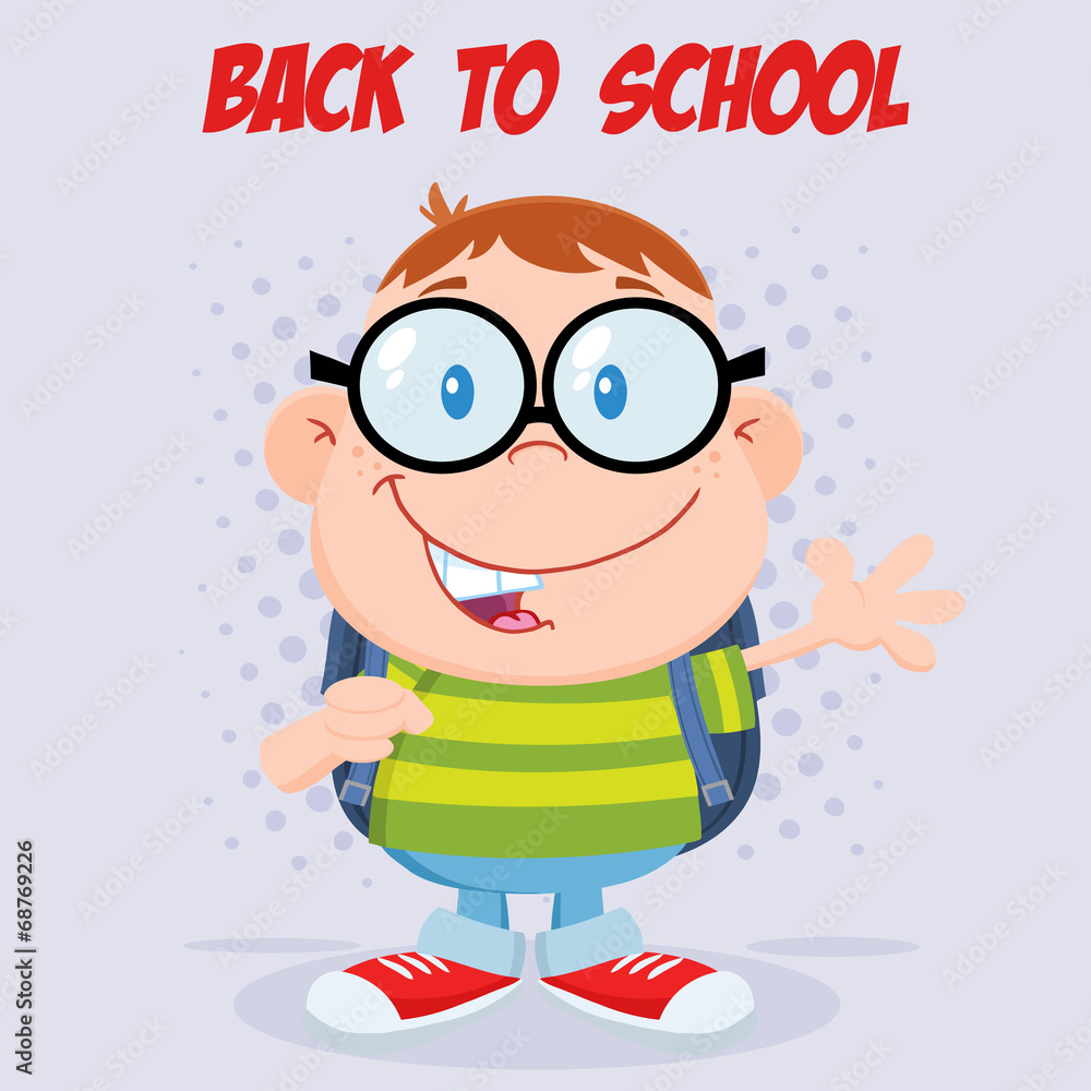 Happy Geek Boy Waving Flat Design With Background And Text Happy Geek Boy Waving Flat Design With Background And Text