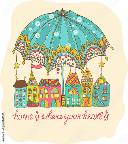 Color cartoon houses under umbrella