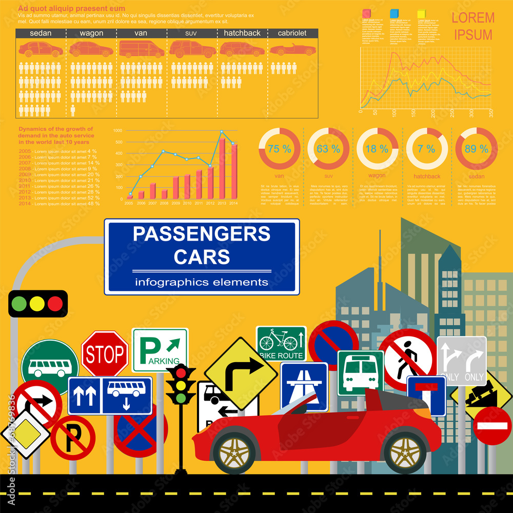 Passenger car, transportation infographics Passenger car, transportation infographics