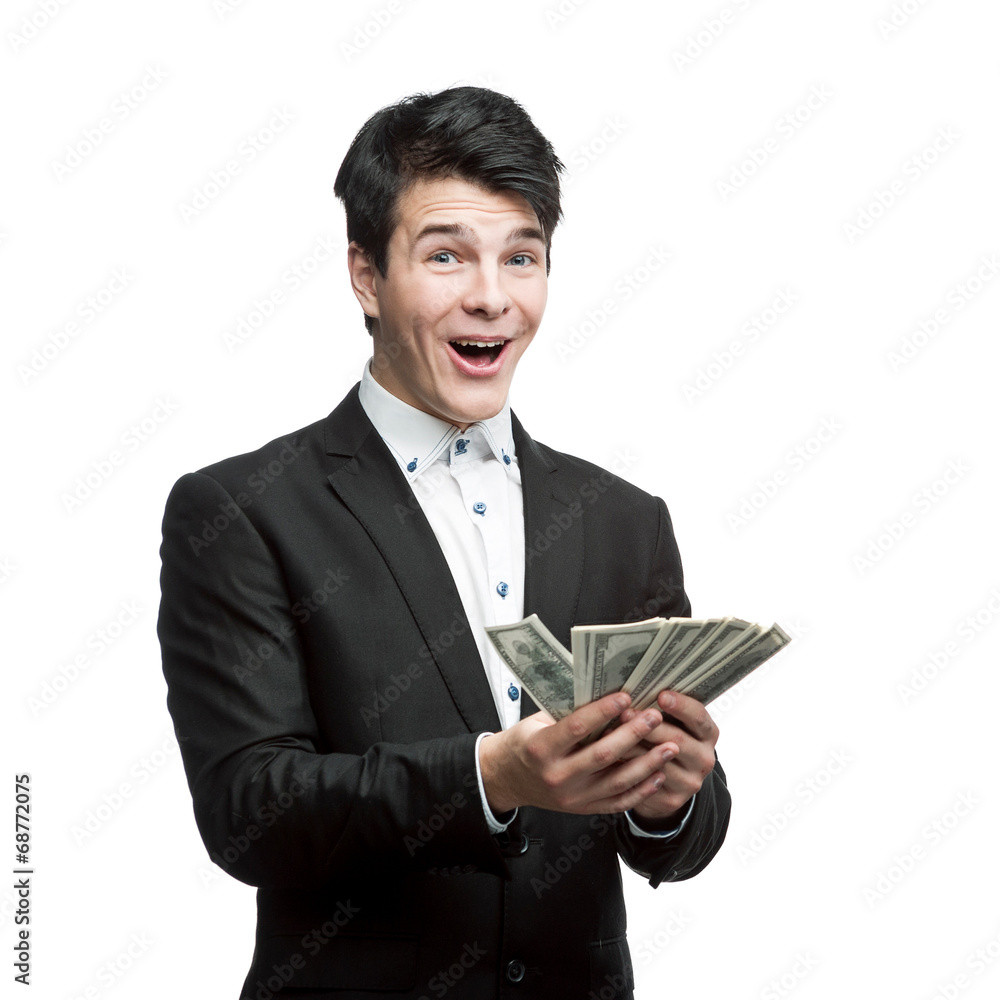 young happy businessman holding money young happy businessman holding money