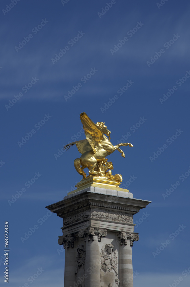 Golden horse statue. Statue of golden horse in Paris.
