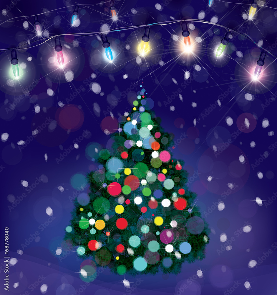 Vector Christmas tree and lights decorations on snowfall backgro Vector Christmas tree and lights decorations on snowfall backgro