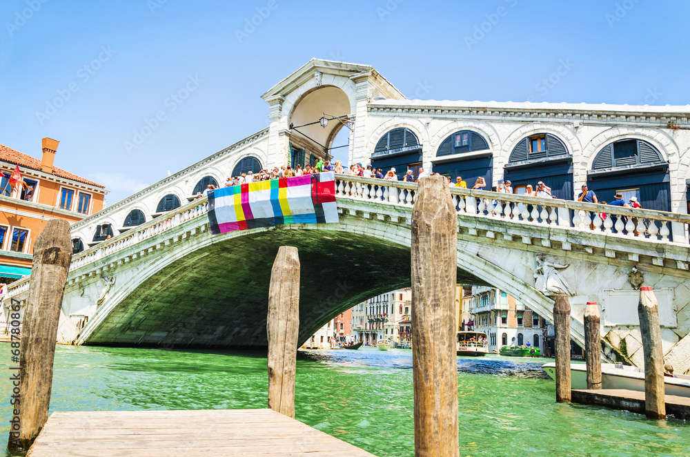 Venice, Rialto bridge and with gondola on Grand Canal, Italy