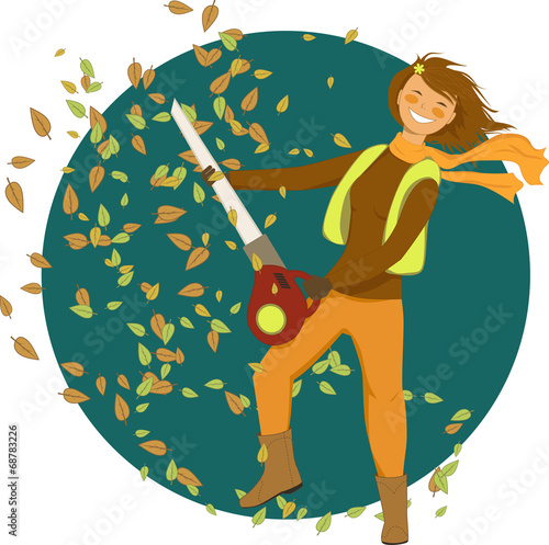 Woman with a leaf blower