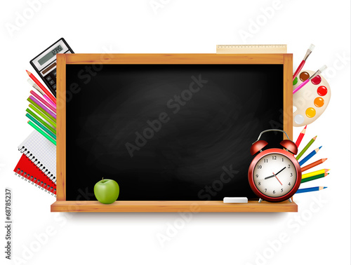 Back to school. Blackboard with school supplies. Vector.