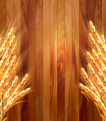 Ears of wheat on wooden background. Vector illustration