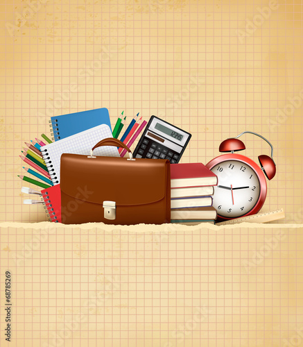 Back to school Background with school supplies and old paper Vec