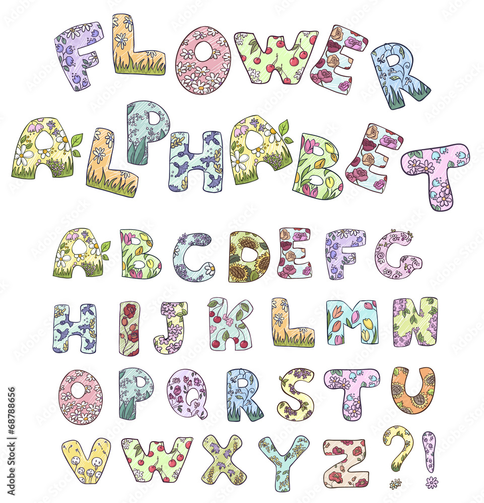 Fototapeta premium Cartoon flower alphabet. Vector illustration.