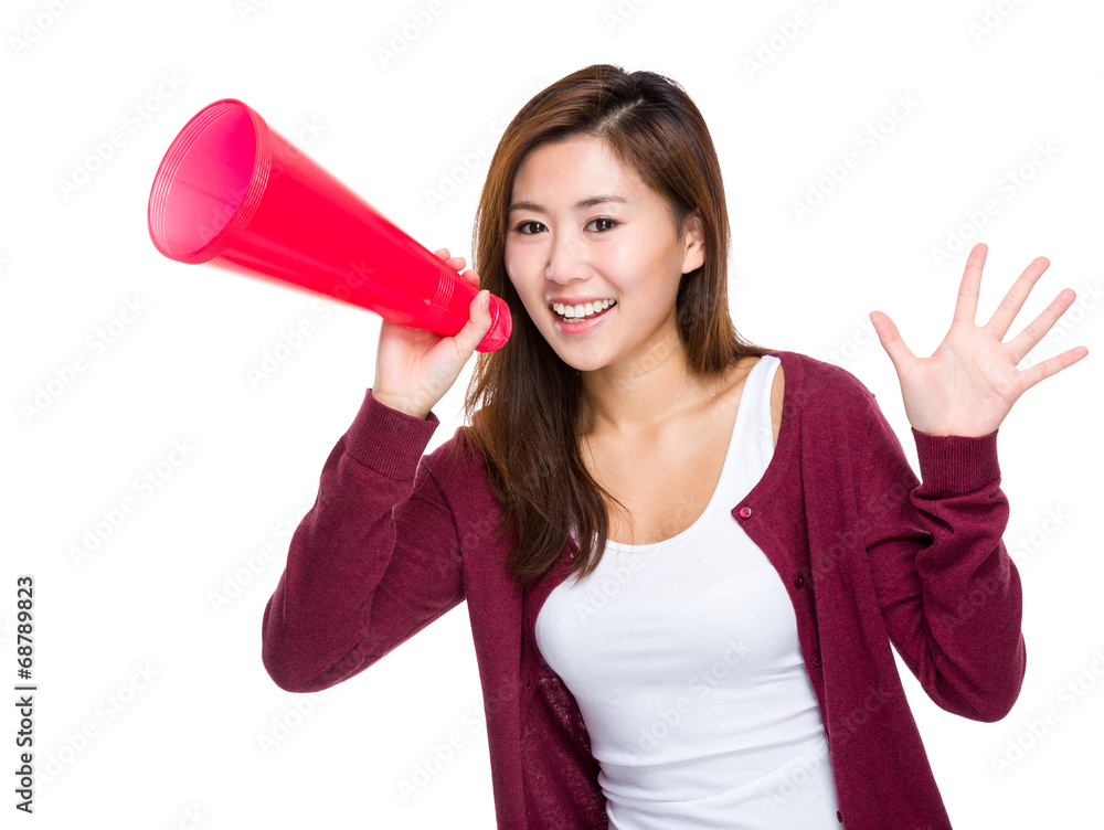 Asian girl yell with megaphone Asian girl yell with megaphone