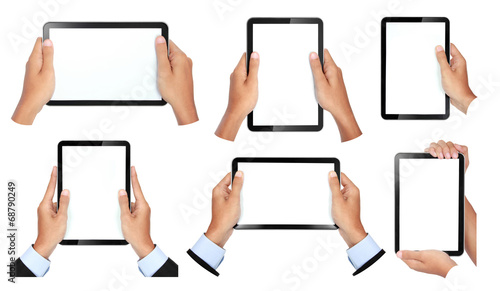 collection of hand gesture holding touch tablet