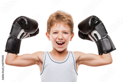 Smiling boxing champion child boy gesturing for victory triumph