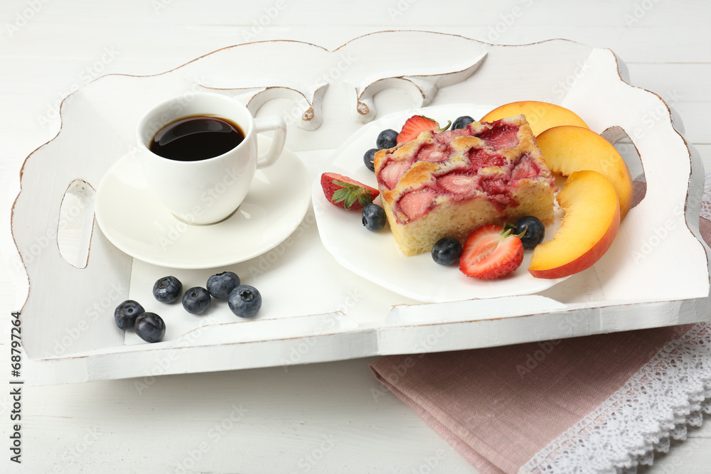 Delicious breakfast with coffee and tasty pie Delicious breakfast with coffee and tasty pie