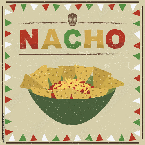 Mexican food nachos cheese poster vector clipart in red green white frame