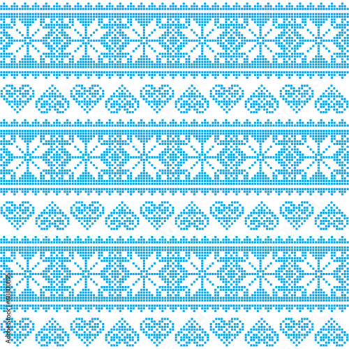 Winter, Christmas seamless pixelated blue pattern with hearts