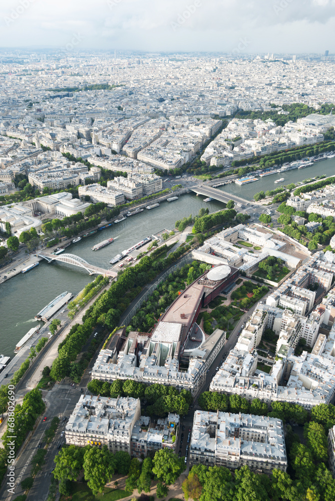 View from the Eiffel Tower to Paris and the river Seine and bri