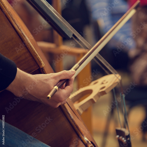 Human hand playing the contrabass