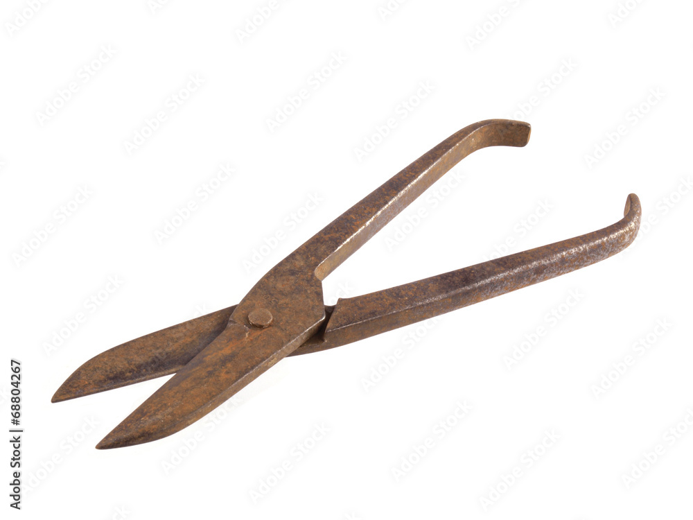 Close up photo of tin snips on a white background. Close up photo of tin snips on a white background.