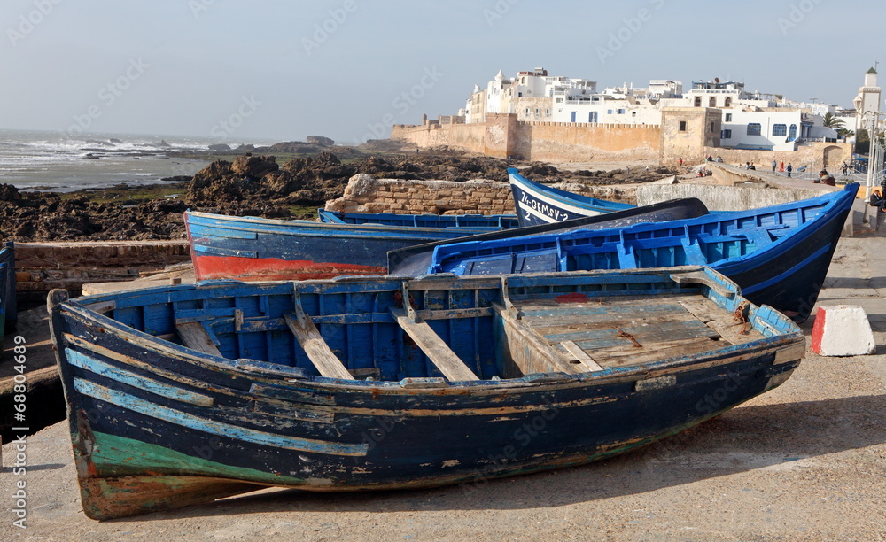 Blue boats in Essaouira port, Morocco
