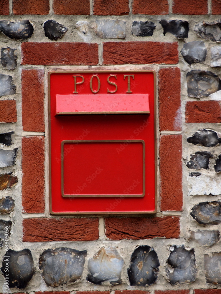RED POSTBOX MAILBOX IN WALL